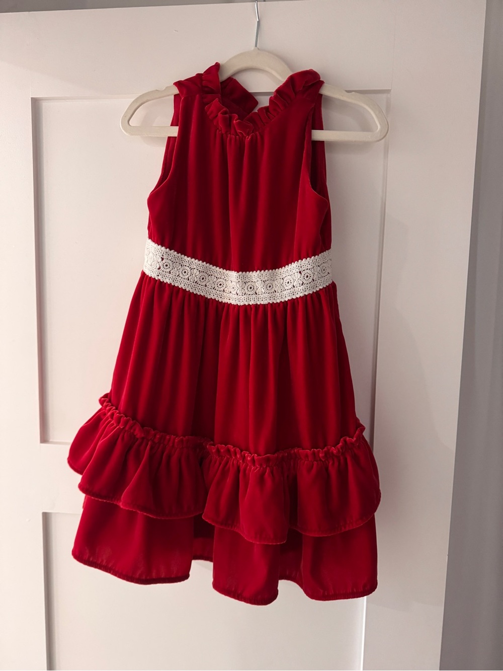 Janie and Jack Red Velvet Ruffle Waist Lace-Trim Girls Dress